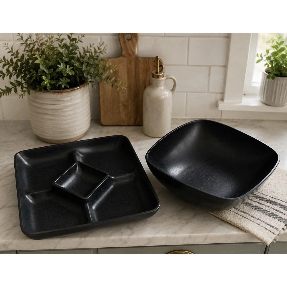 Vtg Grainware Serving Tray & Bowl Black Set Of 2 Mid Century Modern California